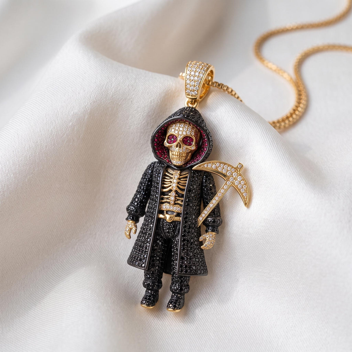 Rare Iced Out Grim Reaper Pendant | 925 Sterling Silver Halloween  Skeleton | Gold Plated Jewelry | Hip Hop Charm Gift for her/him