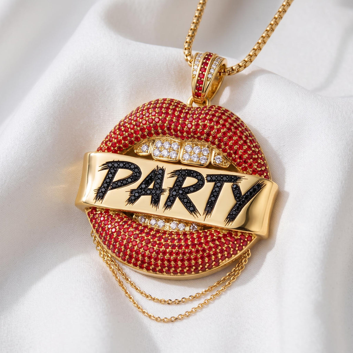 Rare Iced Out Party Lips Pendant | 925 Sterling Silver Hip Hop Jewelry | Crystal Statement Necklace | Custom Pop Art Jewelry Men Women
