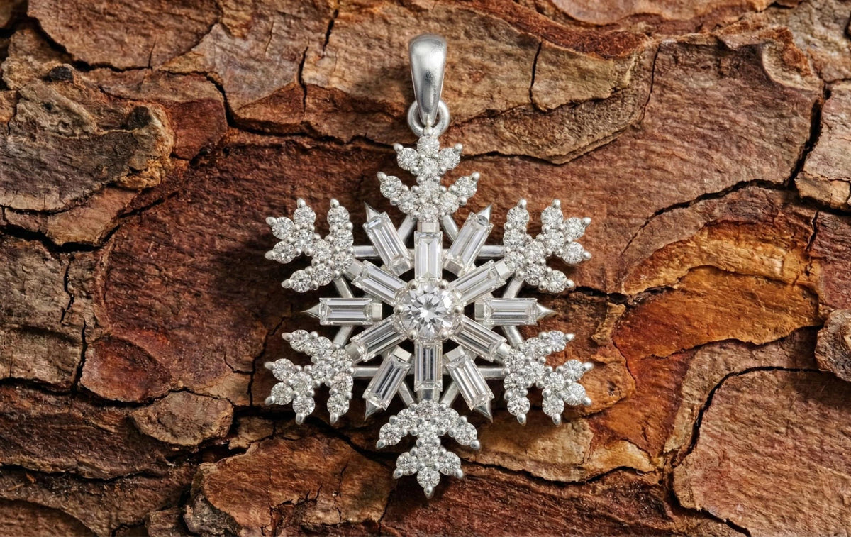 Gold Vermeil Snowflake Pendant with Baguette & Round CZ Stones – Icy Winter Jewelry