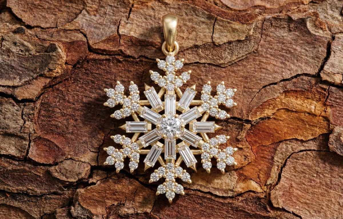 Gold Vermeil Snowflake Pendant with Baguette & Round CZ Stones – Icy Winter Jewelry