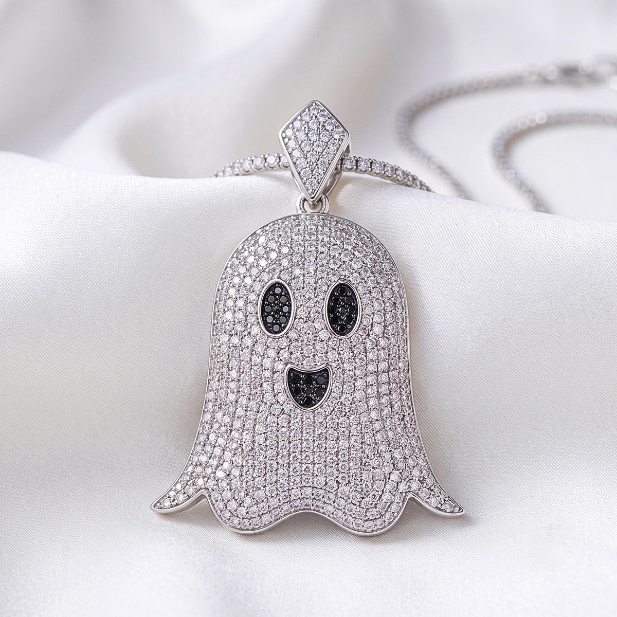 925 Sterling Silver Iced Out Ghost Pendant  | Rare Hip Hop Ghost Charm |  Gold Plated Micro-Pave CZ Jewelry | Halloween Gift for her/him