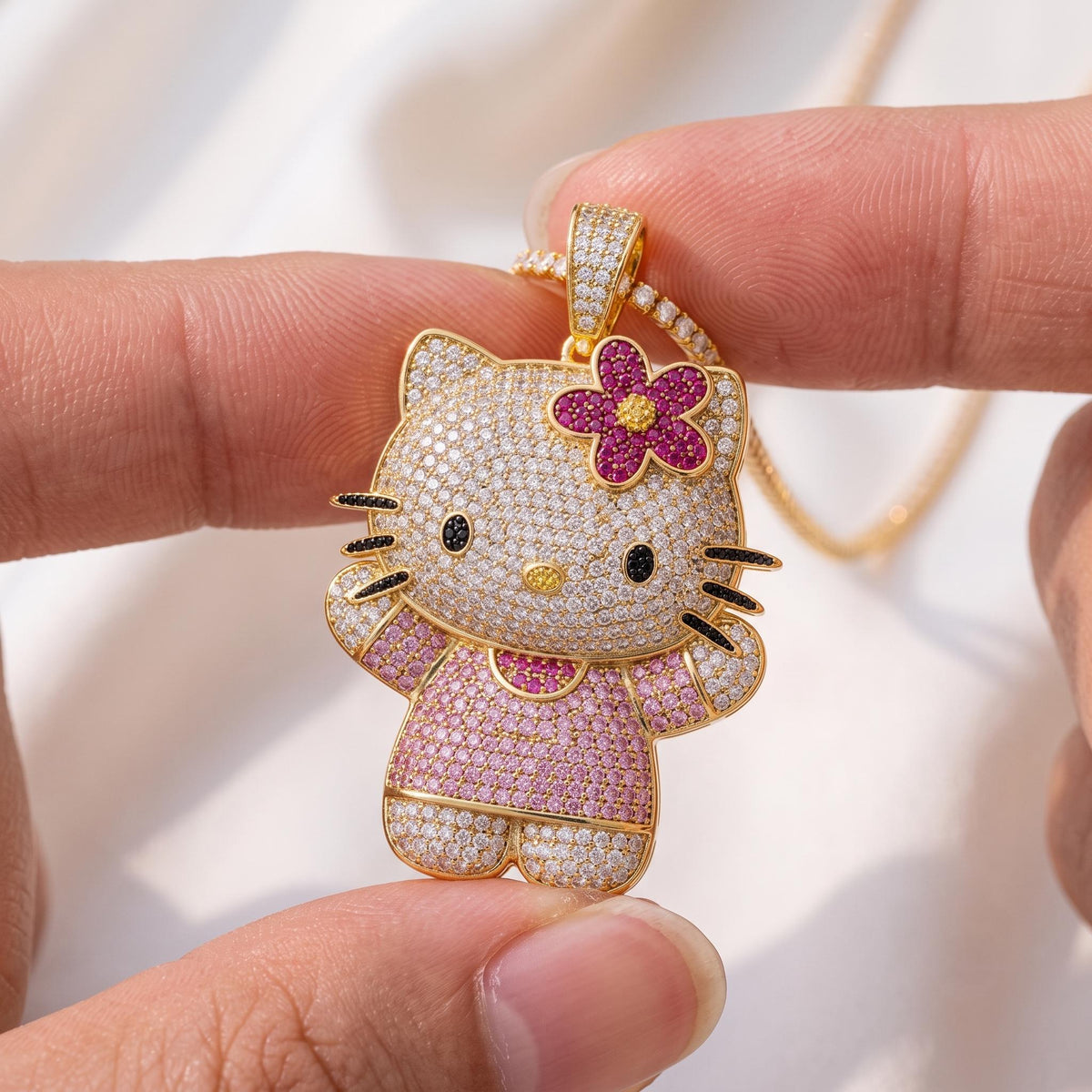 Rare 925 Sterling Silver Iced Out Kitty Pendant | Micro Pave White Zircon Kawaii Character Charm | Cute Animal Necklace Gift for her.