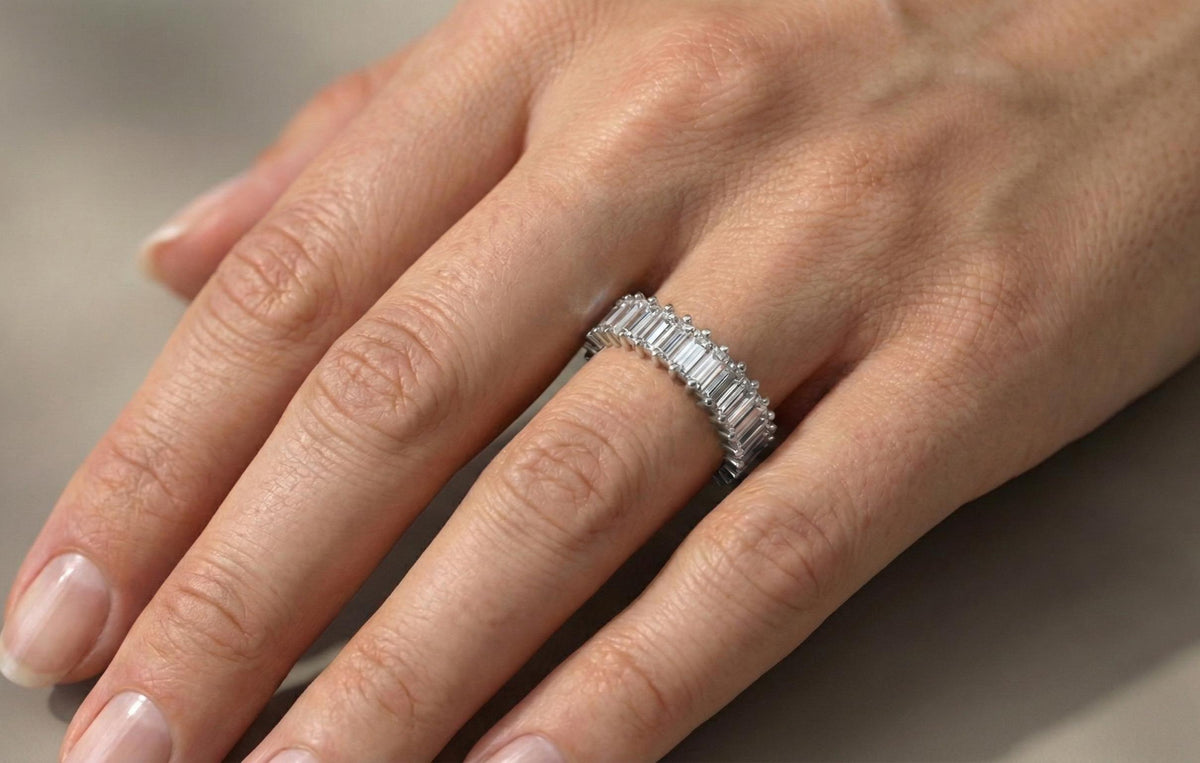 925 Sterling Silver Baguette Cut Eternity Ring, Minimalist Diamond Band, Gold Finish Wedding Ring, Anniversary Gift for Her, Women Jewellery