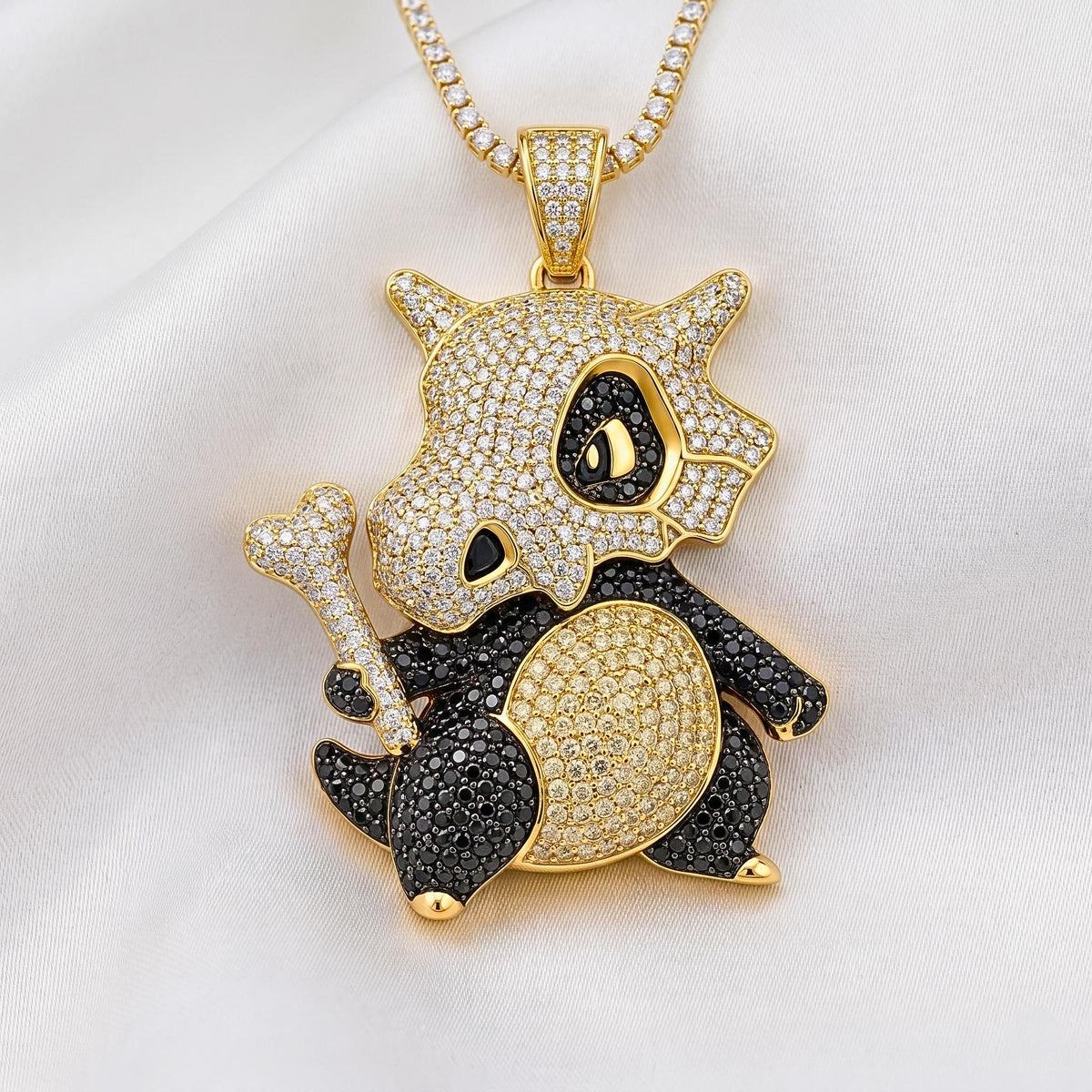 Rare Iced Out Cubone Pokémon Pendant, 925 Sterling Silver Custom Jewelry , Yellow & Rose Gold Plated Anime Charm, Gamer Gift For Him/her