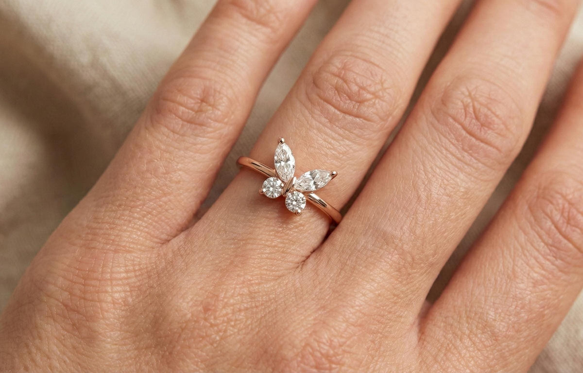 Butterfly Ring 925 Sterling Silver Gold, Marquise Diamond Style Ring, Dainty Minimalist Engagement Ring, Promise Ring Gift for Her