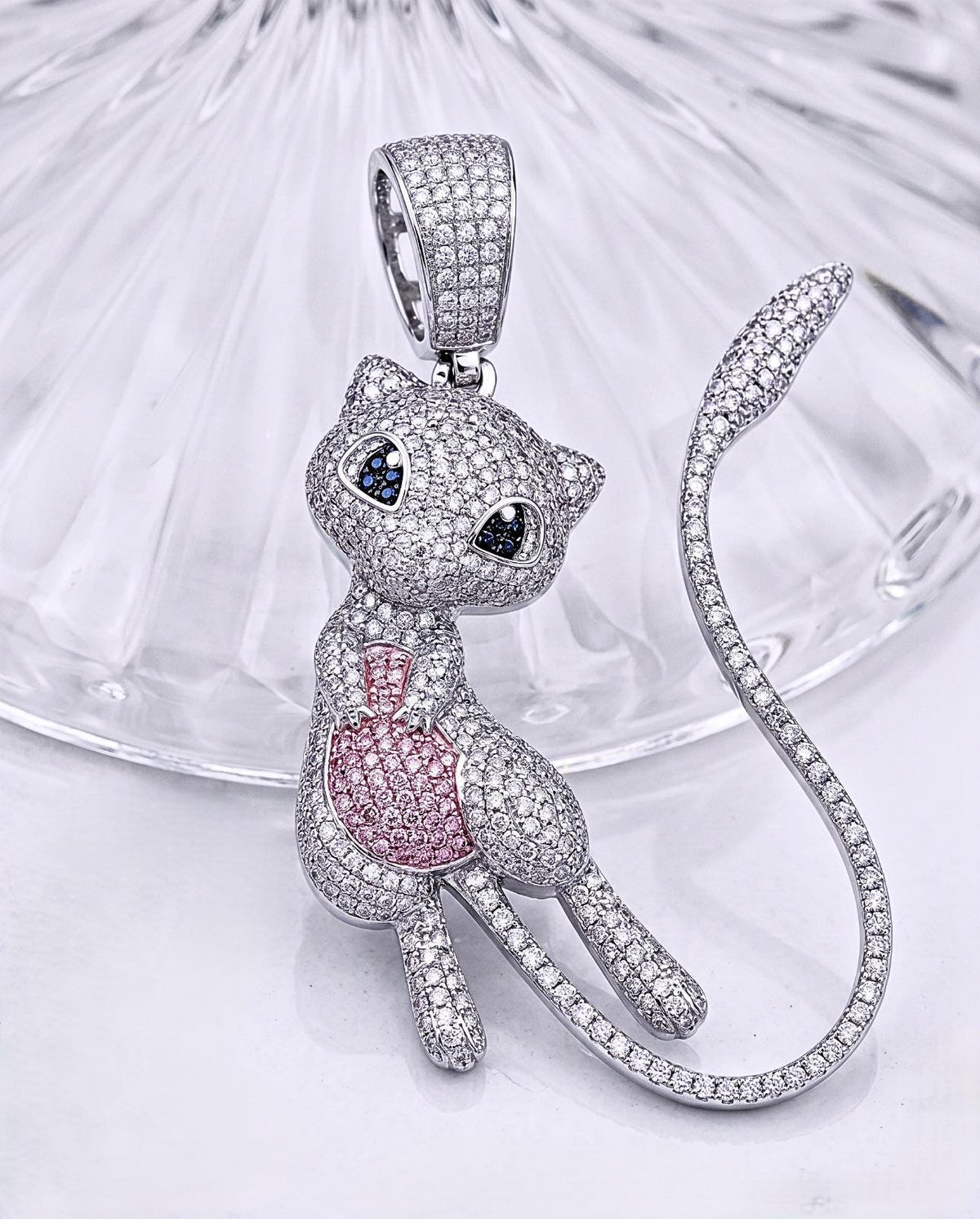 Iced Out Mew Pendant, 925 Sterling Silver Micro Pave Anime Necklace, Pink Blue Gemstones