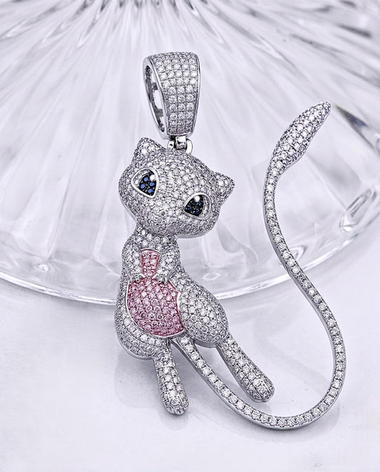 Iced Out Mew Pendant, 925 Sterling Silver Micro Pave Anime Necklace, Pink Blue Gemstones
