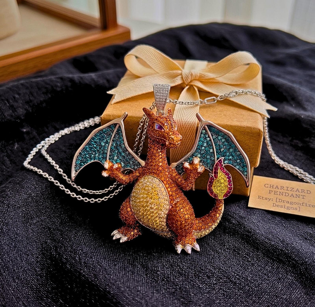 Rare Iced Out Charizard Pokémon Pendant | 925 Sterling Silver & Gold plated Anime Gift Gamers Gift for her/him/her