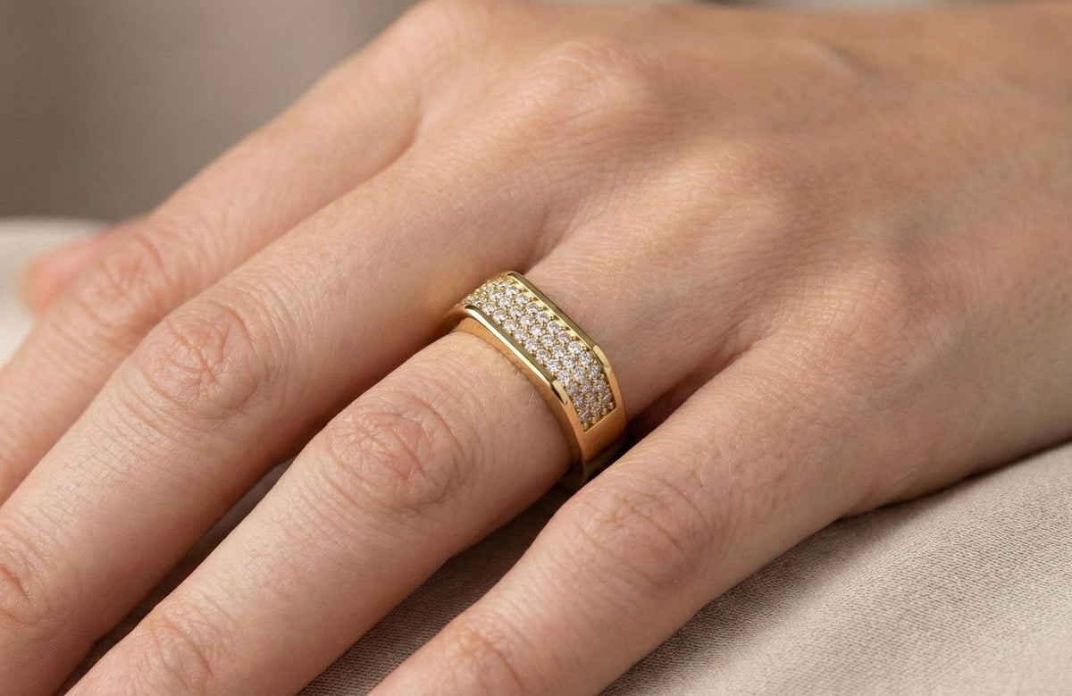 Gold Wedding Band 925 Sterling Silver, Diamond Pave Ring, Men's Wedding Ring, Minimalist Anniversary Band, Statement Ring Gift for Him Her