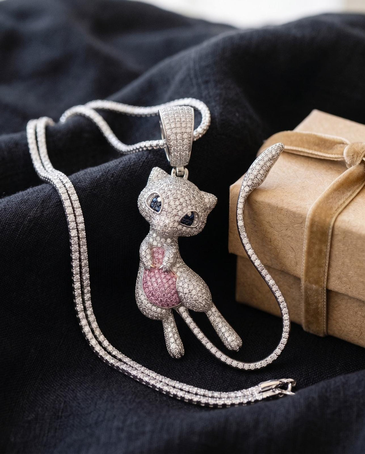 Iced Out Mew Pendant, 925 Sterling Silver Micro Pave Anime Necklace, Pink Blue Gemstones
