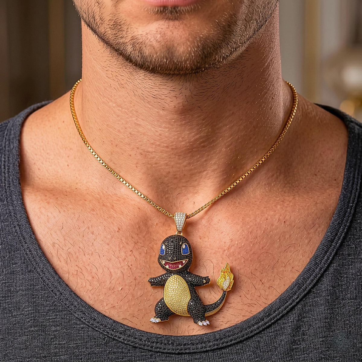 Rare Iced Out Shiny Charmander Pendant | 925 Sterling Silver Anime Jewelry | Custom Hip Hop Gamer Charm | Pop Culture Bling Gift for her/him