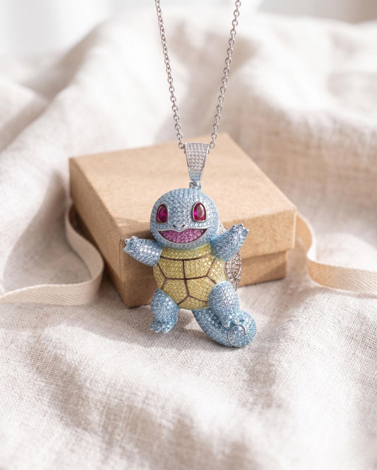 Rare Iced Out Squirtle Pendant | Solid 925 Sterling Silver & Gold Plated  Gamer Gift Anime jewelry Gift for her/him