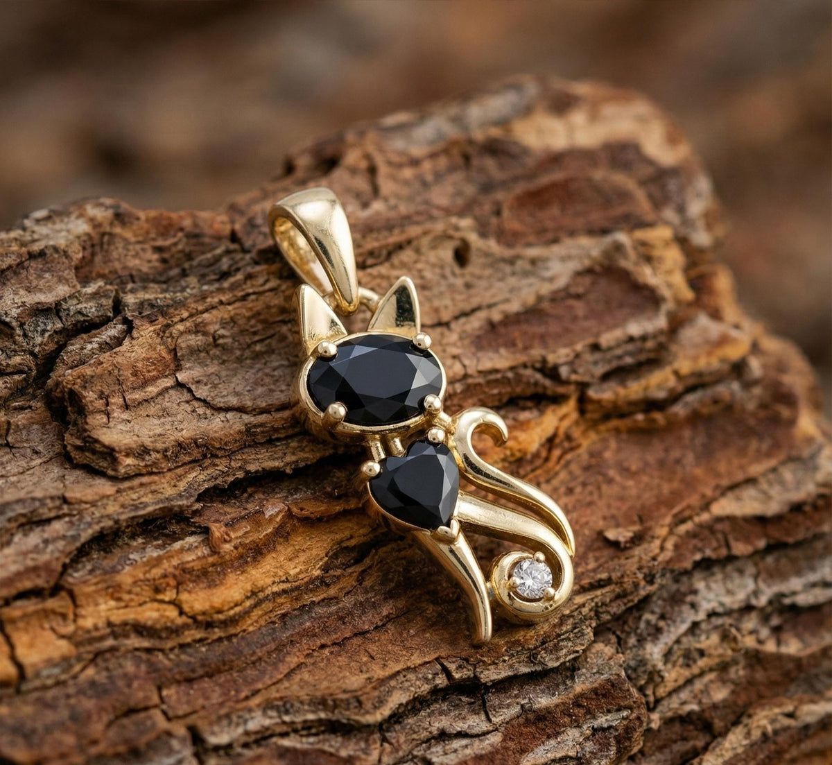 Gold Plated Sterling Silver Black Cat Necklace, Onyx Animal Charm