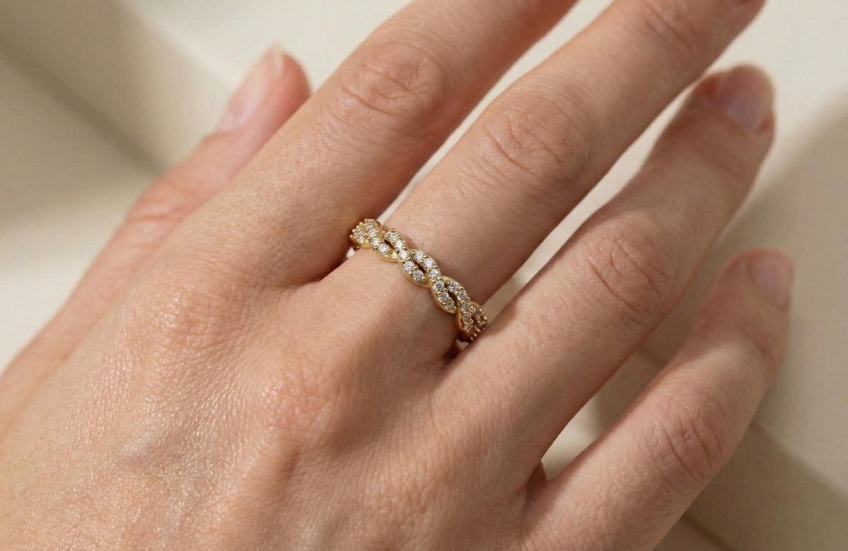 925 Sterling Silver Braided Diamond Ring, Gold Plated Infinity Twist Band, Dainty Wedding Band, Promise Ring, Anniversary Gift for Her