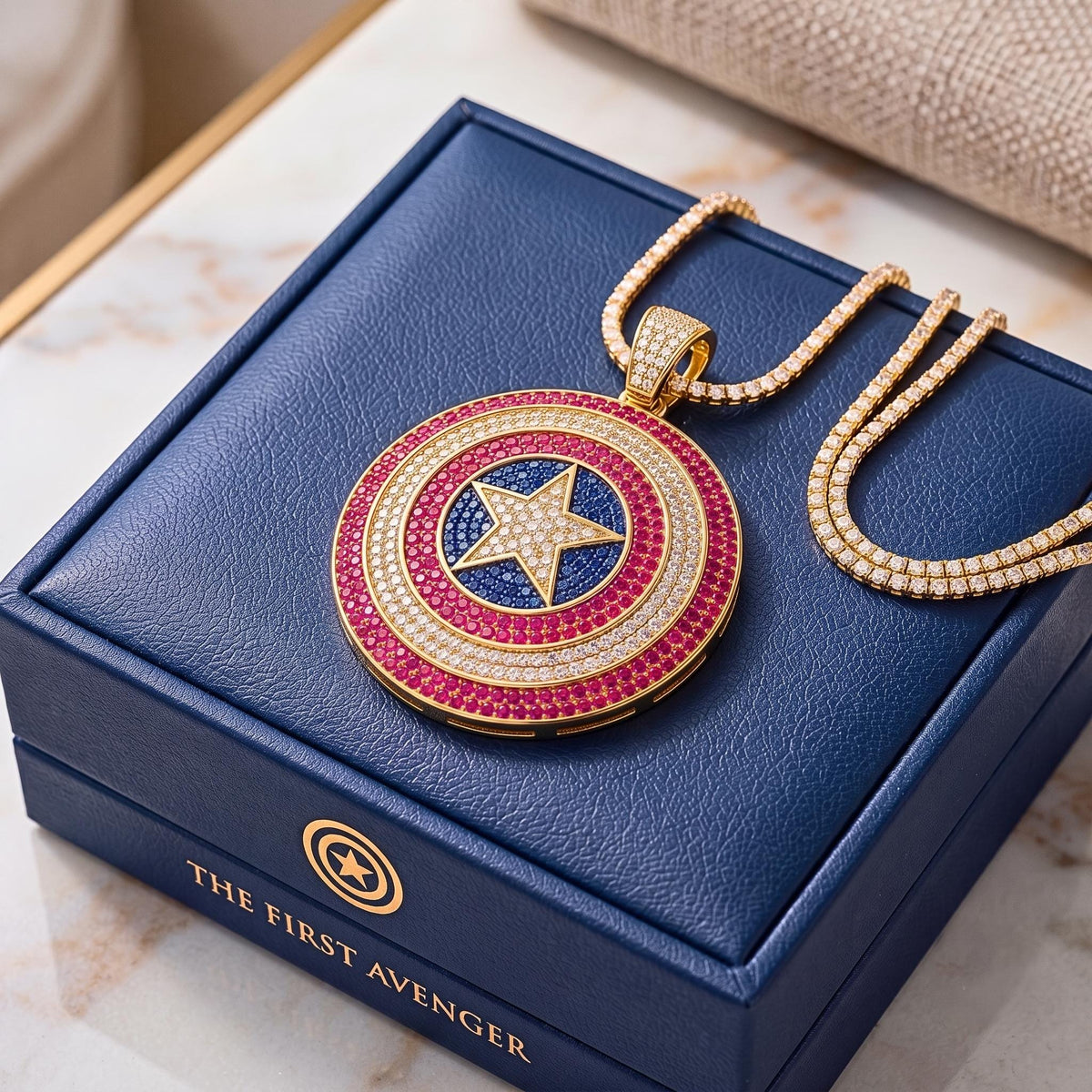 Iced Out Captain America Shield Pendant | Sterling Silver Pink CZ Avengers Necklace