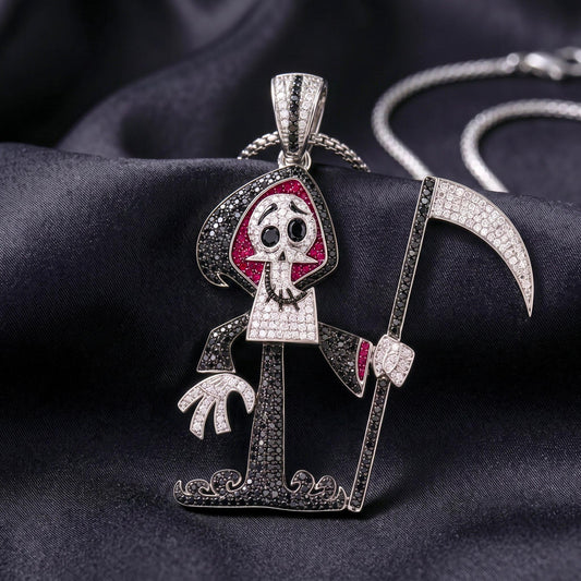 Rare Iced Out Grim Reaper Pendant, 925 Sterling Silver Cartoon Reaper Charm, Men's Hip Hop Jewelry, Gold Plated, Halloween Gift for her/him