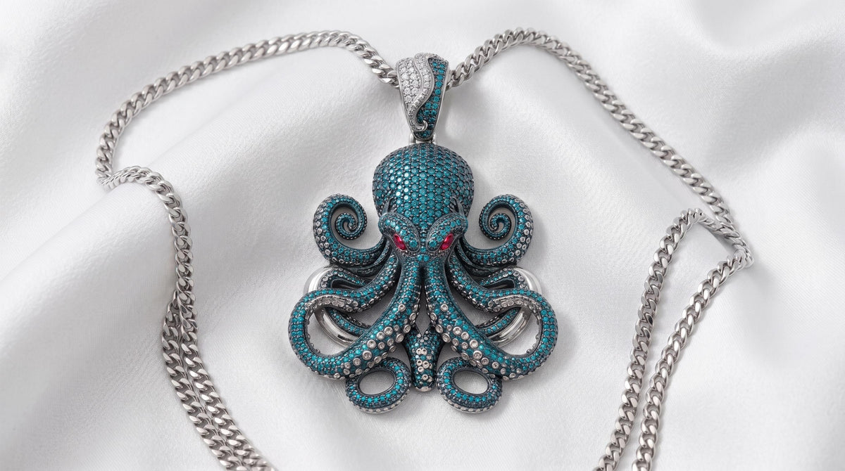 Rare Iced Out Octopus Pendant | 925 Sterling Silver Nautical Halloween Jewelry | Gothic Sea Creature Necklace | Hip Hop gift for her/him