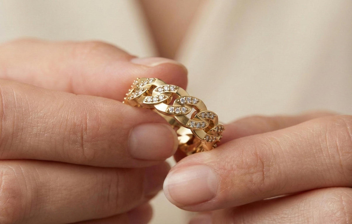 Gold Cuban Link Ring, Pave CZ Sterling Silver Chain Band
