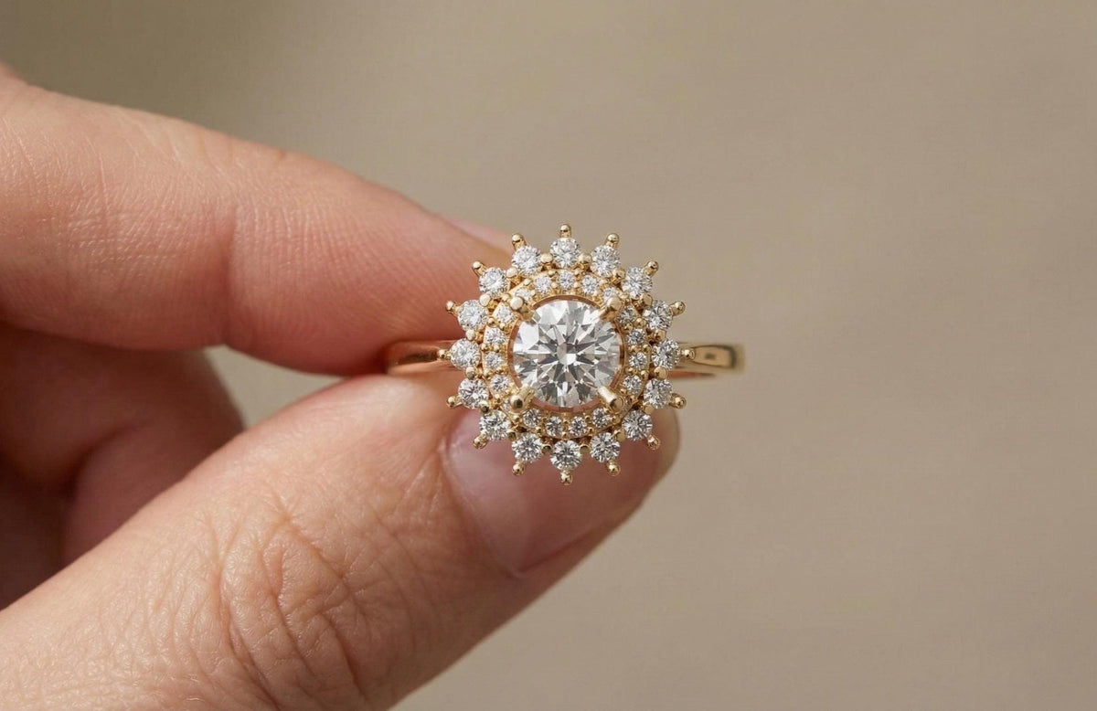 Gold Plated Sterling Silver Halo Engagement Ring, Vintage Bridal Jewelry