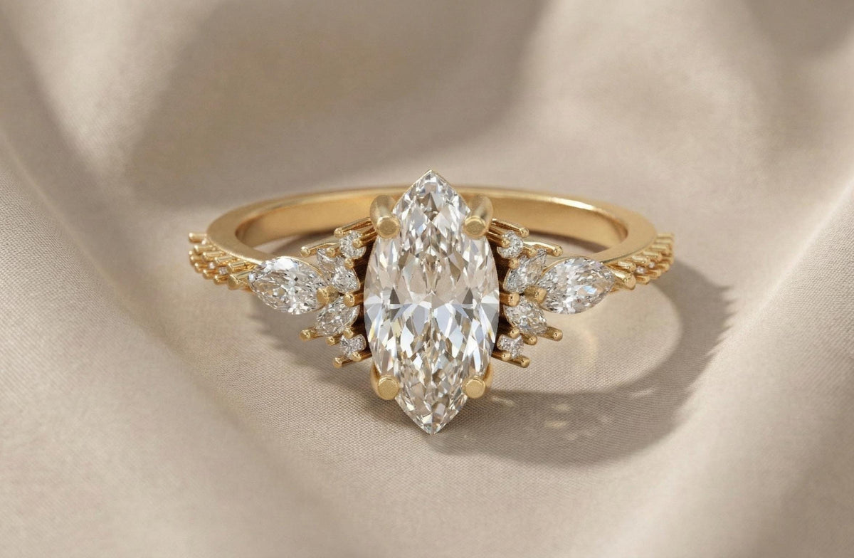 Marquise Moissanite Engagement Ring, Vintage Leaf Design, 925 Sterling Silver