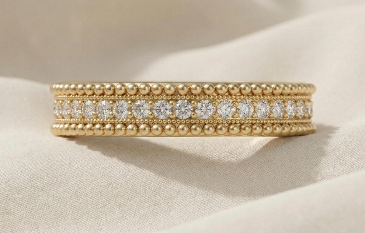 925 Sterling Silver Beaded Eternity Band Ring, Gold Plated Diamond CZ Stackable Ring, Milgrain Wedding Band, Minimalist Promise Ring