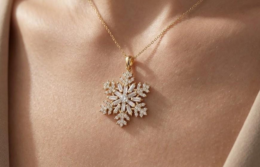 Gold Vermeil Snowflake Pendant with Baguette & Round CZ Stones – Icy Winter Jewelry