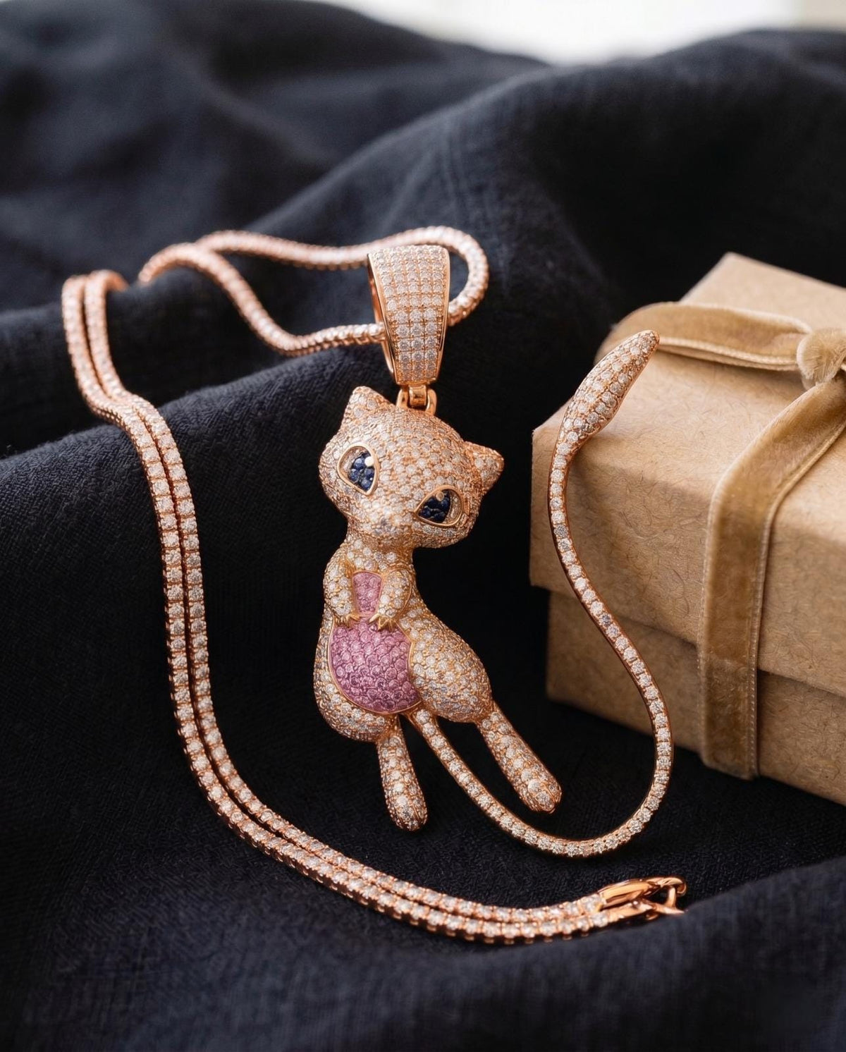 Iced Out Mew Pendant, 925 Sterling Silver Micro Pave Anime Necklace, Pink Blue Gemstones