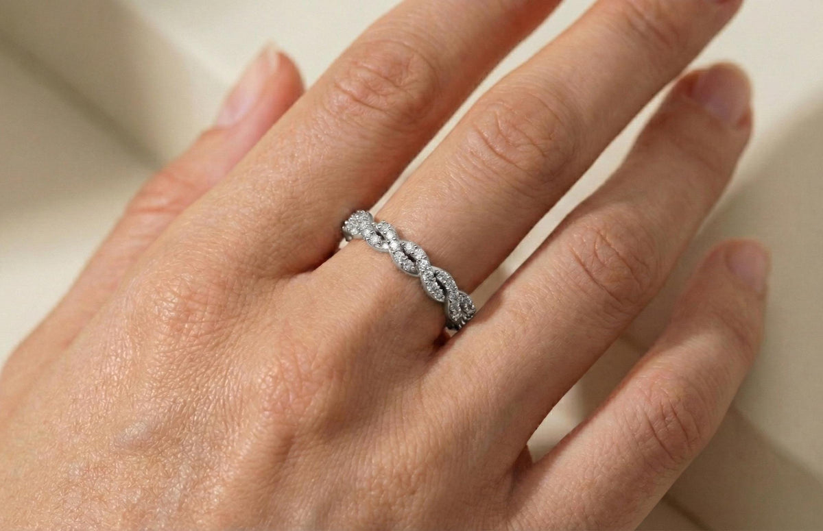 925 Sterling Silver Braided Diamond Ring, Gold Plated Infinity Twist Band, Dainty Wedding Band, Promise Ring, Anniversary Gift for Her