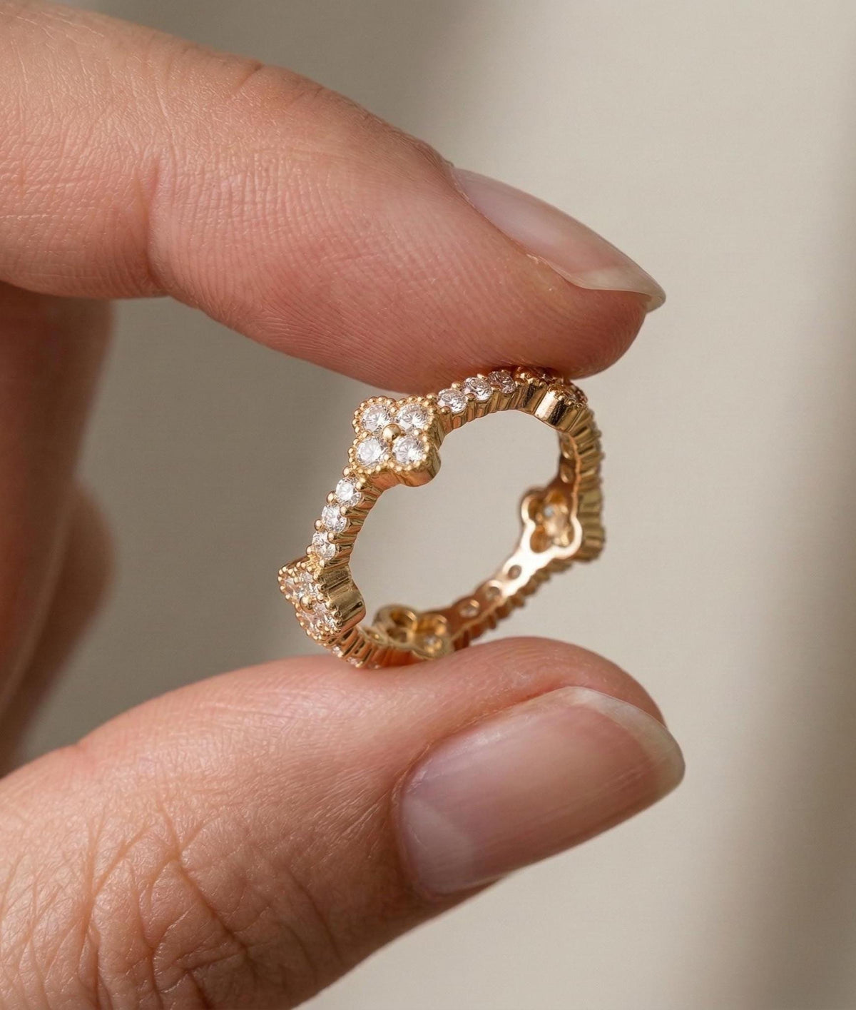 925 Sterling Silver Four Leaf Clover Diamond Ring, Gold Vermeil Floral Cluster Ring, Dainty Diamond Clover Band, Gift For Her,