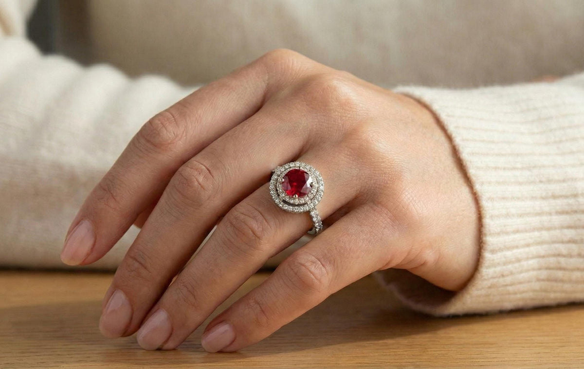 Ruby Halo Engagement Ring for Women, 925 Sterling Silver Gold Plated Ring, Diamond Accent Bridal Ring, July Birthstone Gift,