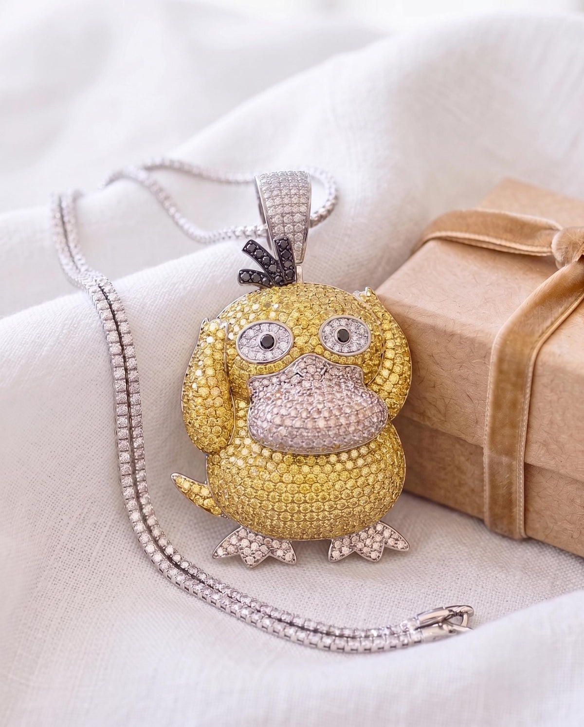 Iced Out Psyduck Pendant | Micro Pave Anime Necklace | 925 Sterling Silver Character Jewelry | Custom Gamer Chain