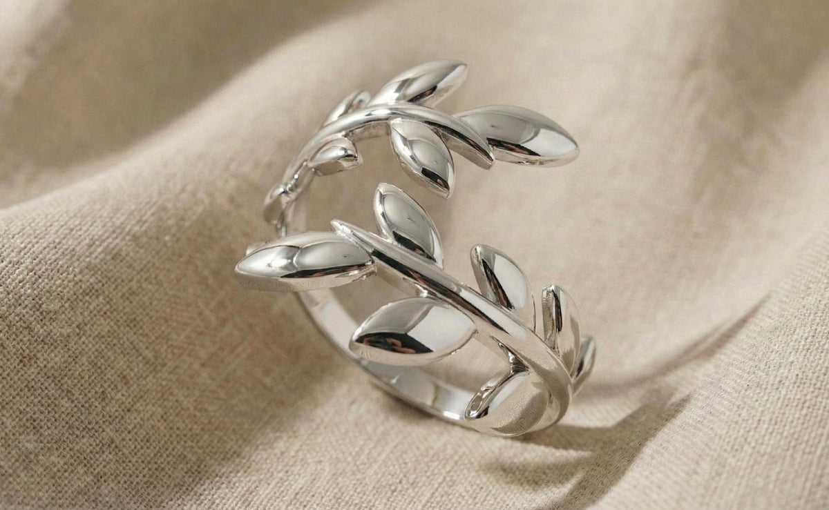 Dainty Silver Olive Leaf Ring, Adjustable Open Band