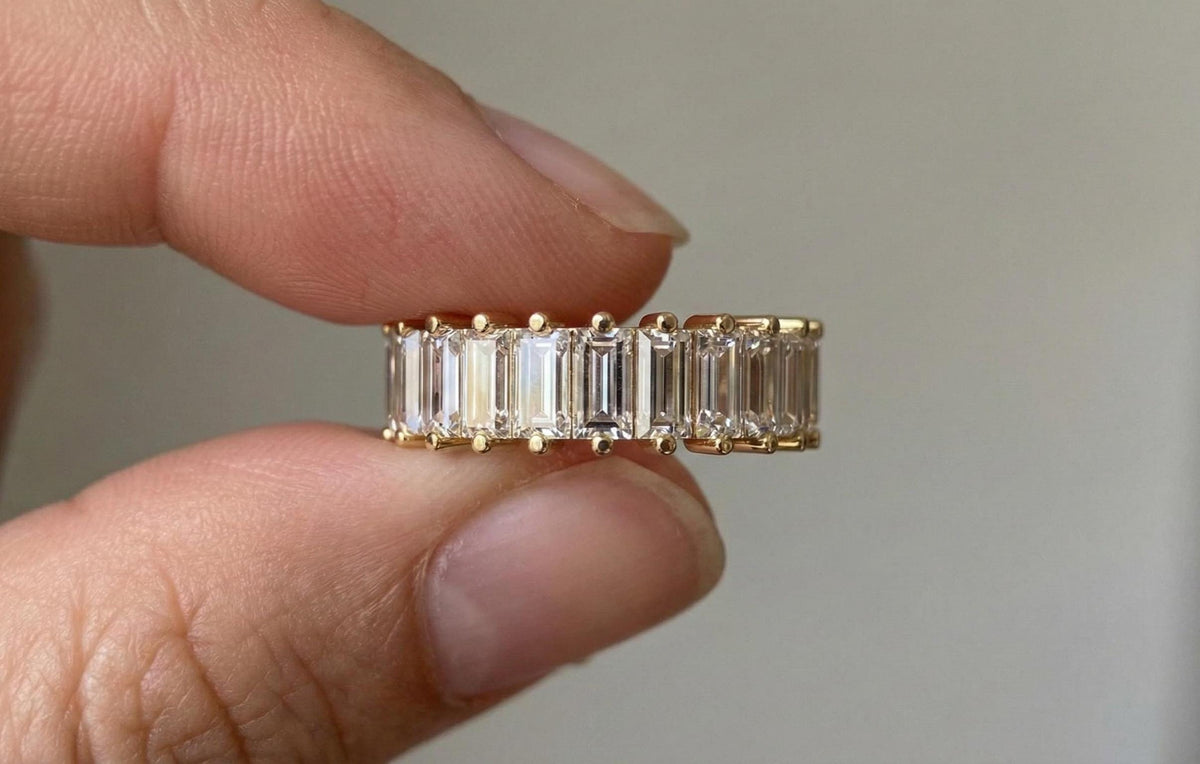 925 Sterling Silver Baguette Cut Eternity Ring, Minimalist Diamond Band, Gold Finish Wedding Ring, Anniversary Gift for Her, Women Jewellery