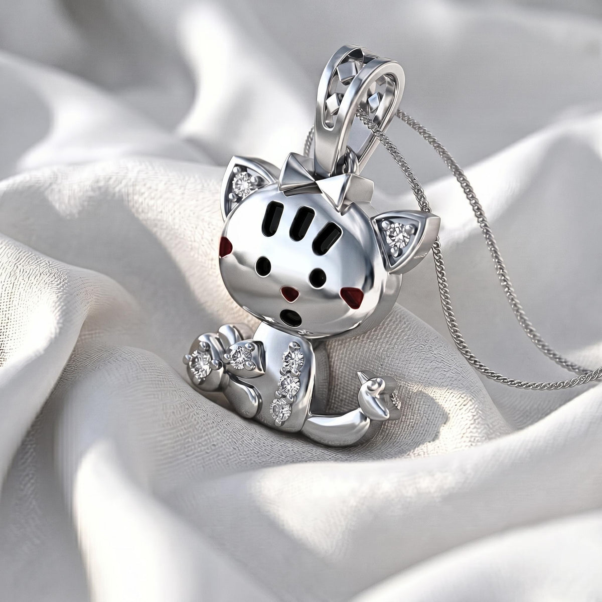 925 Sterling Silver Kitten Pendant with Bow | Whimsical Animal Charm for Kids
