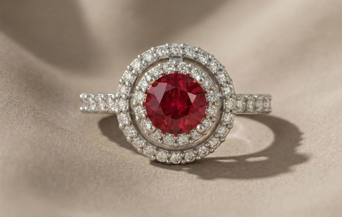 Ruby Halo Engagement Ring for Women, 925 Sterling Silver Gold Plated Ring, Diamond Accent Bridal Ring, July Birthstone Gift,