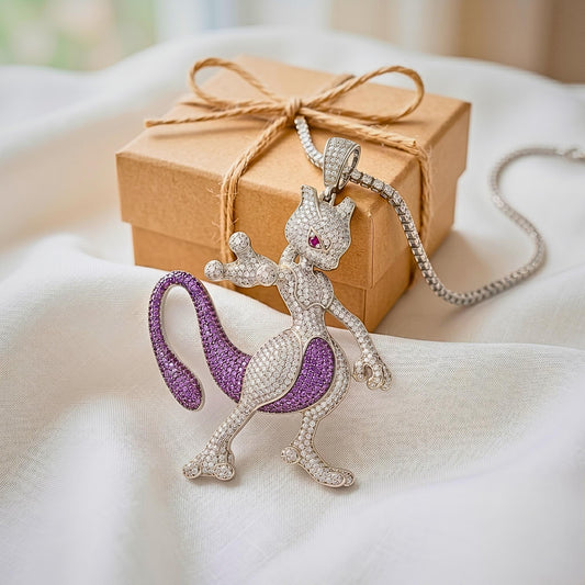 Rare Mewtwo Pendant 925 Sterling Silver Custom Pokemon Jewelry Geeky Gamer Gift Anime Necklace Charm Retrot Monster gift for him/yourself