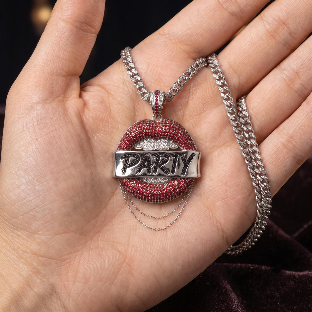 Rare Iced Out Party Lips Pendant | 925 Sterling Silver Hip Hop Jewelry | Crystal Statement Necklace | Custom Pop Art Jewelry Men Women