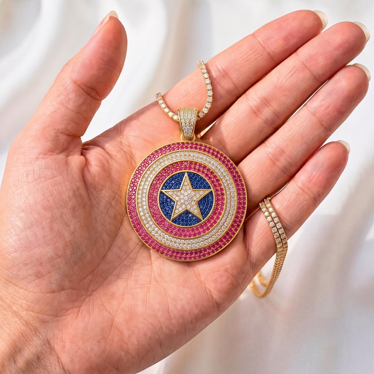 Iced Out Captain America Shield Pendant | Sterling Silver Pink CZ Avengers Necklace
