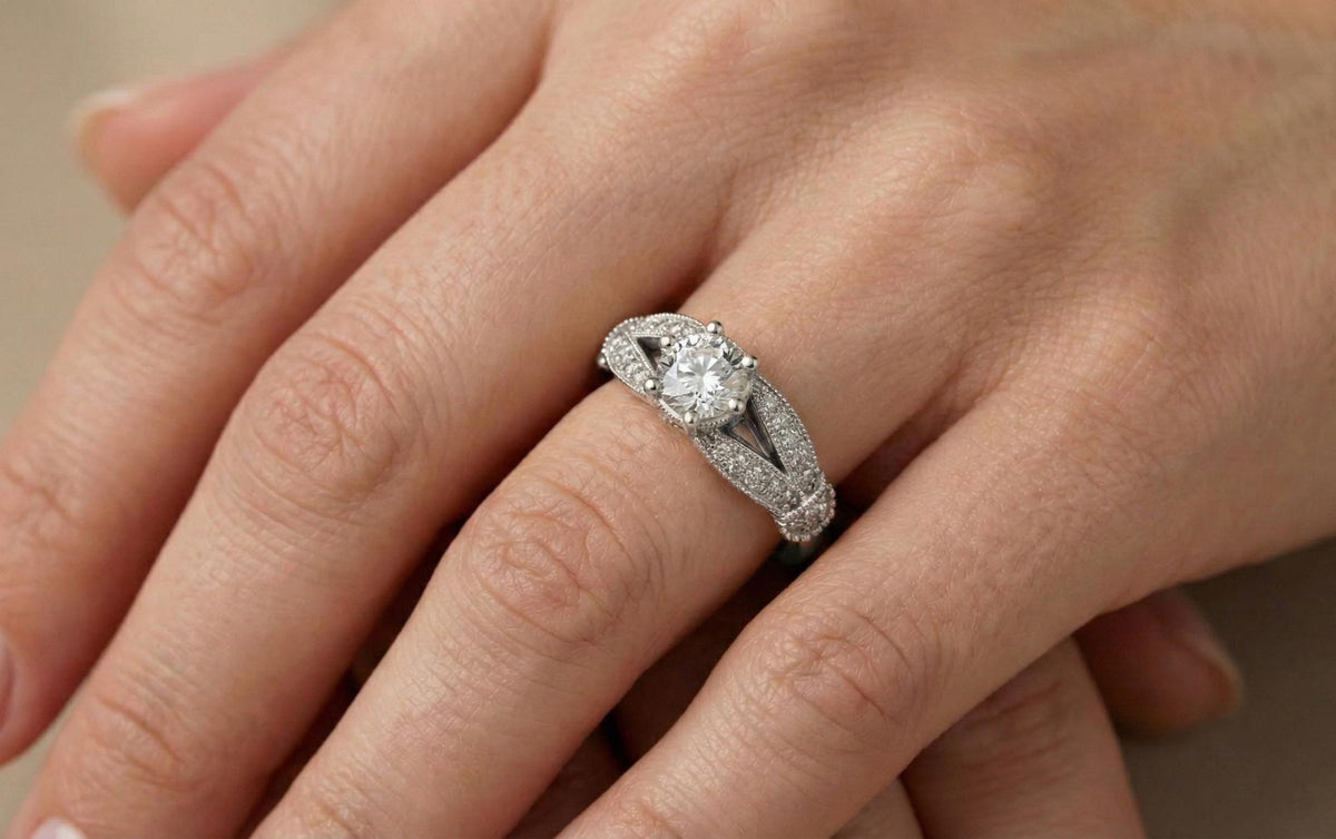 925 Sterling Silver Vintage Engagement Ring, Round Cut Diamond Ring, Milgrain Halo Bridal Ring, Art Deco Wedding Ring, Gift For Her