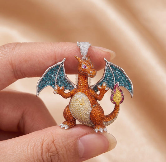 Rare Iced Out Charizard Pokémon Pendant | 925 Sterling Silver & Gold plated Anime Gift Gamers Gift for her/him/her