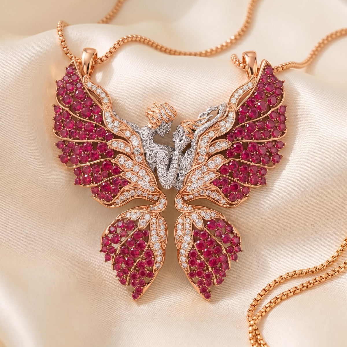 Rare Iced Out Angel Wing Pendant • 925 Sterling Silver Butterfly Necklace • Yellow & Rose Gold Plated • Rare  Love Jewelry Gift for her/him