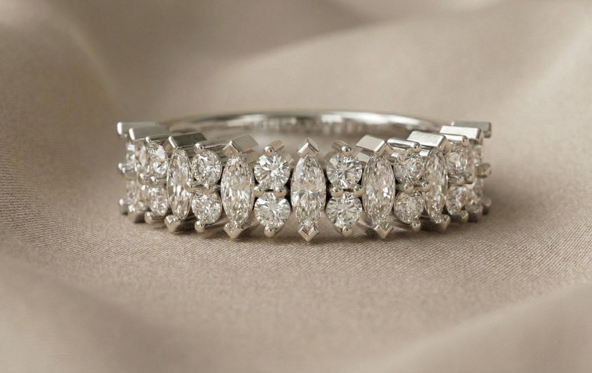 925 Sterling Silver Marquise & Round Cut Diamond Band Ring, Gold Vermeil Eternity Band, Stackable Wedding Ring, Anniversary Gift for Her,
