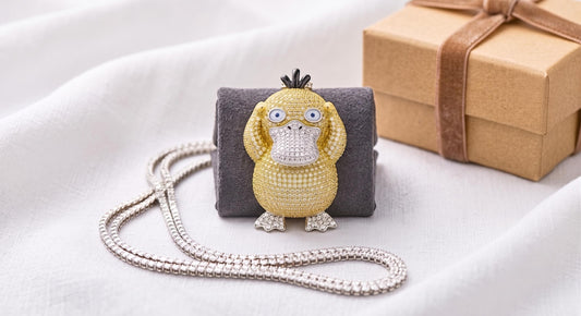 Iced Out Psyduck Pendant | Micro Pave Anime Necklace | 925 Sterling Silver Character Jewelry | Custom Gamer Chain