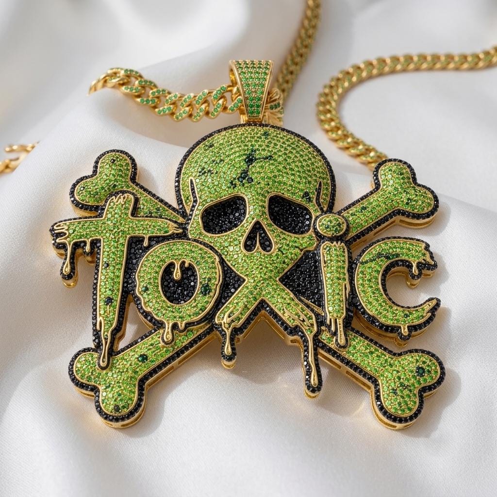 Rare Iced Out Toxic Skull Pendant | 925 Sterling Silver Dripping Letter Halloween Jewelry | Cool Hip Hop Statement Gift for her/him