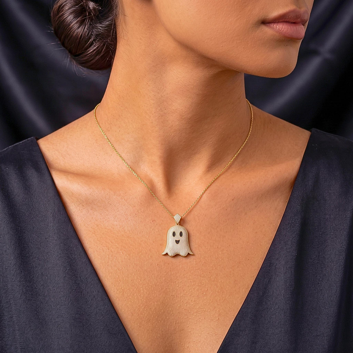 925 Sterling Silver Iced Out Ghost Pendant  | Rare Hip Hop Ghost Charm |  Gold Plated Micro-Pave CZ Jewelry | Halloween Gift for her/him