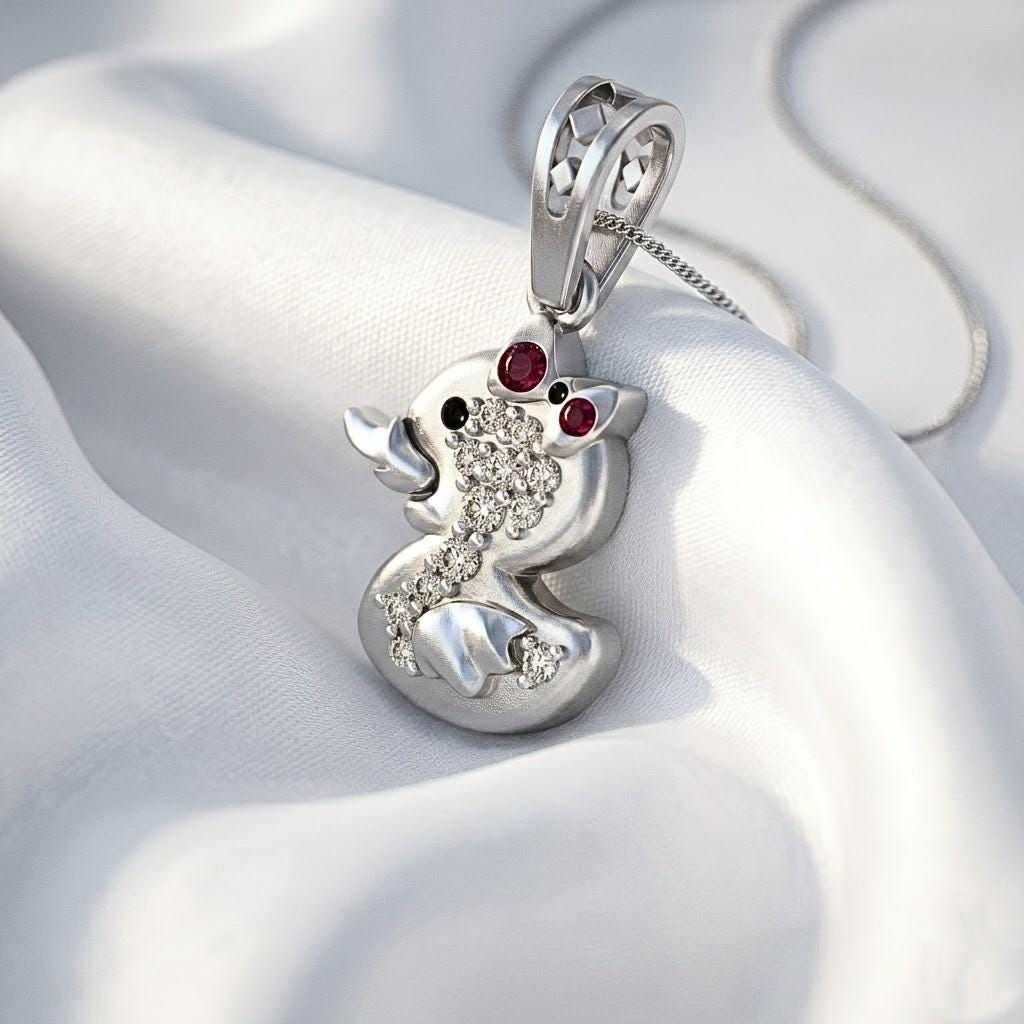 925 Sterling Silver Duckling Pendant with Red Bow, Sparkling Stones | Whimsical Children's Jewelry