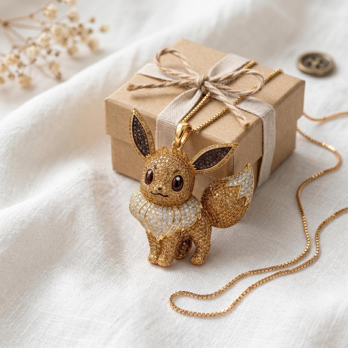 Rare Eevee Pendant 925 Sterling Silver Iced Out Pokemon Jewelry Micro Pave Anime Charm Geeky Gamer Gift Kawaii Pocket Monster Gift for her.