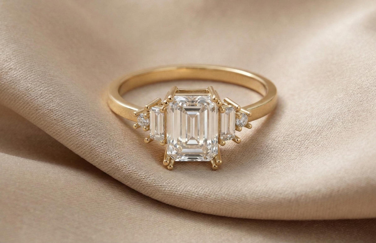 Emerald Cut Moissanite Ring, Sterling Silver Three Stone Engagement Ring