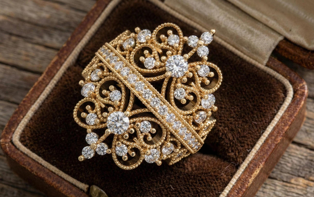 Gold Butterfly Filigree Ring | Vintage Style Wide Band | Diamond Statement Ring | Victorian Revival Cocktail Ring | Floral Lace Wedding Ring