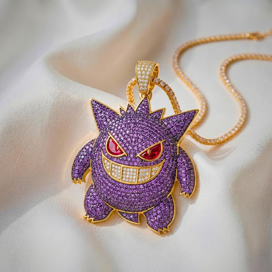 Rare Iced Out Gengar Pendant | 925 Sterling Silver Anime Necklace Hip Hop Gamer Jewelry Gold  Ghost Charm Custom Nostalgic Gift for him/her.